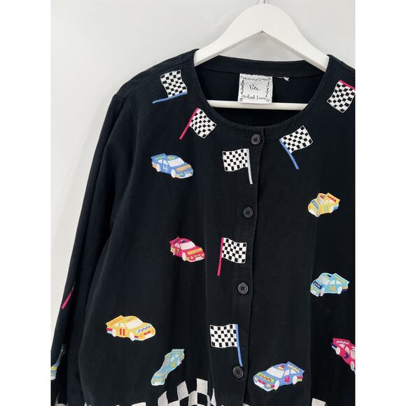 Michael Simon Lite Jacket Womens Medium Black Racecar Racing Flag Cars Buttons - Picture 5 of 16